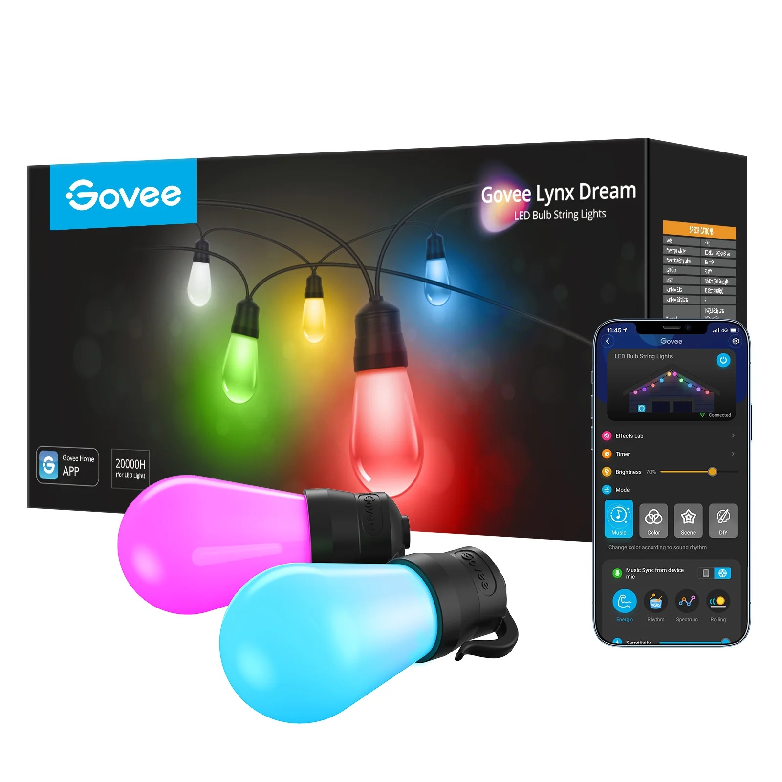 Đèn treo ngoài trời Govee RGBW 48ft Bluetooth & Wi-Fi Outdoor String Lights H7020 | Thiết kế hiện đại | Khả năng chống thấm nước | Dễ dàng thao tác và lắp đặt