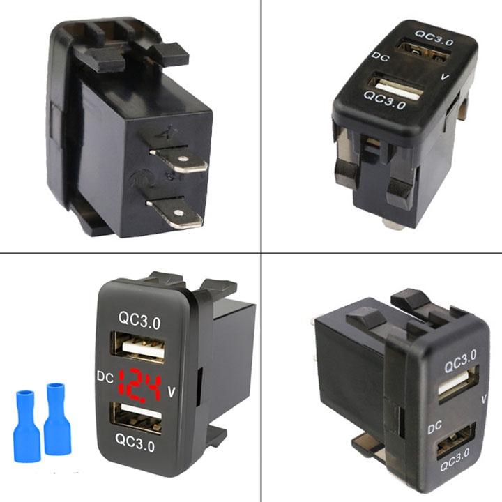 Ổ cắm sạc điện thoại hai cổng USB QC3.0 có đèn led hiển thị điện áp 12V-24V cho xe Toyota