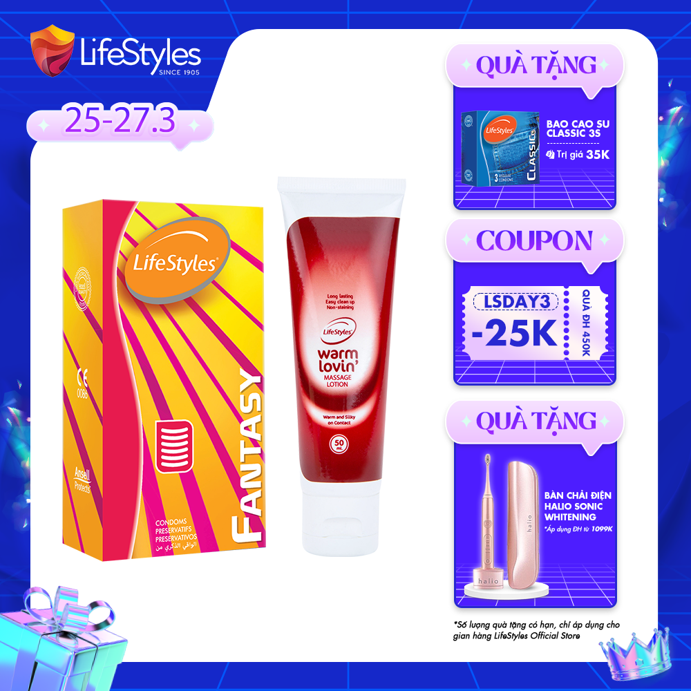 Combo Bao Cao Su LifeStyles Fantasy Có Gân Ngang Ôm Sát Cao Cấp Hộp 12 bao + Gel Bôi Trơn LifeStyles Warm Lovin' 50ml