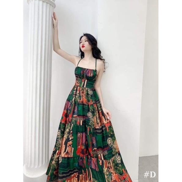 Đầm maxi thổ cẩm hai dây hở lưng đi biển có mút ngực 2 màu