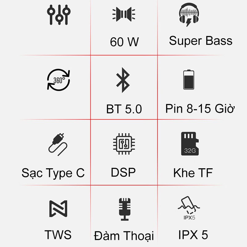 Loa Bluetooth 60W công suất lớn Super Bass chống nước IPX5 pin 6600MAH sạc nhanh Type C Chip DSP cao cấp Hàng Chính Hãng PKCB