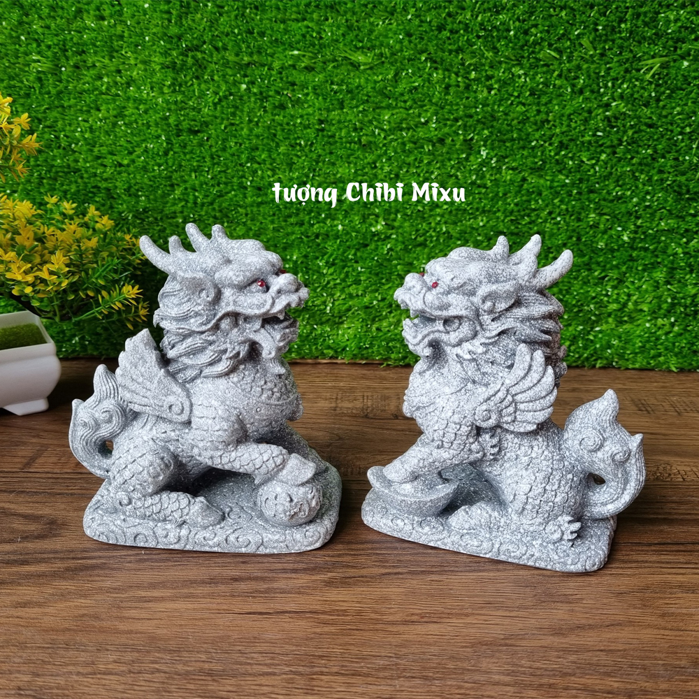 Cặp Tỳ Hưu trắng có bệ đá ngang 11cm x cao 12cm