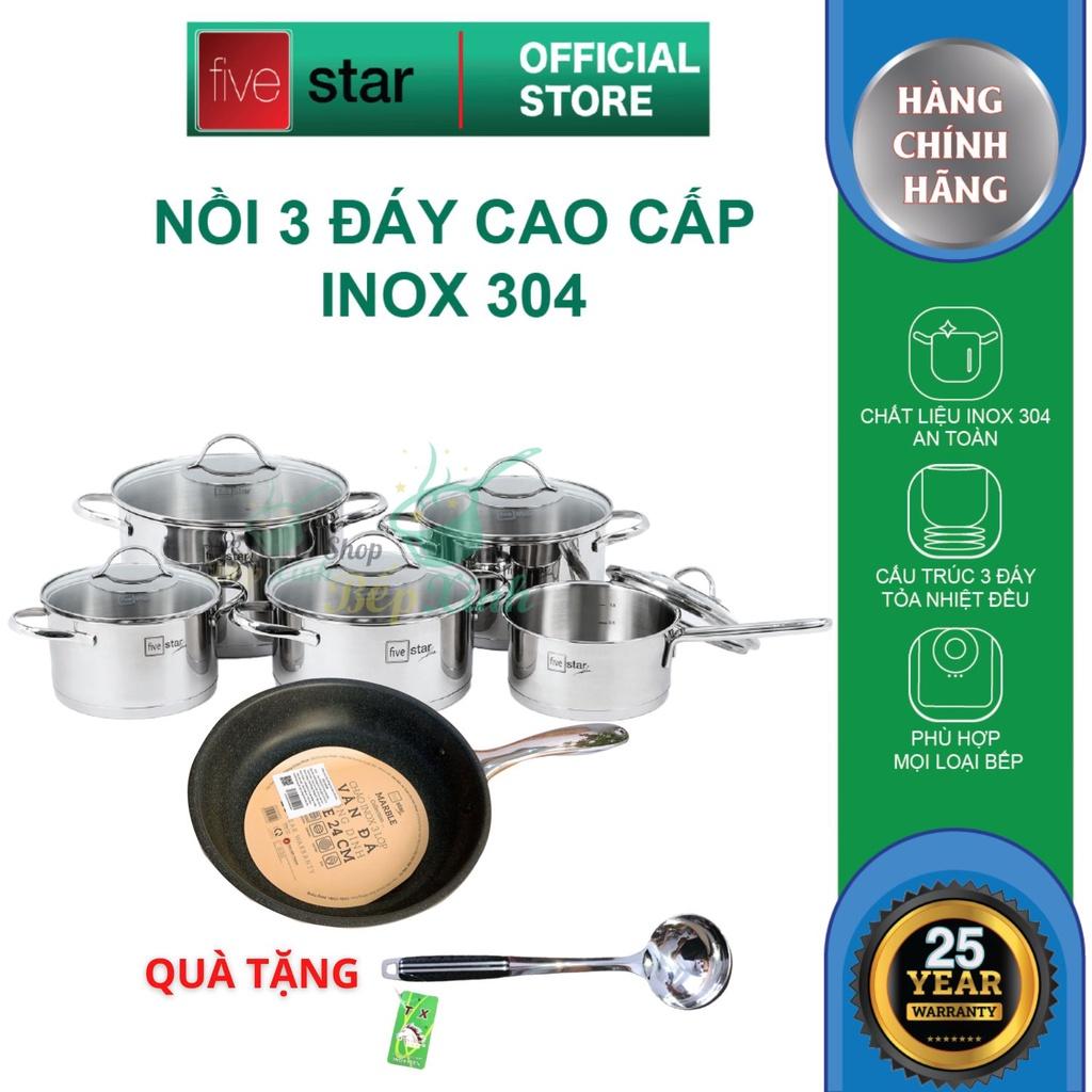 Bộ nồi chảo chống dính vân đá Fivestar Plus 6 món nắp kính , 3 đáy dùng được mọi bếp , tặng 1 vá canh