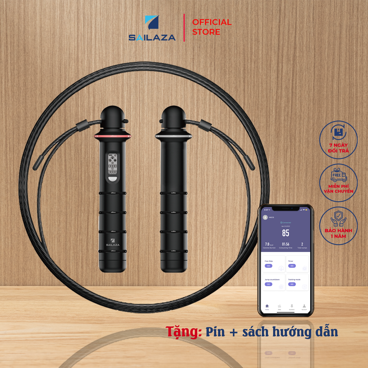 Dây Nhảy Thể Dục, Dây Nhảy Đếm Số Lõi Thép Kết Nối Điện Thoại Chính Hãng Sailaza Sr - 1211