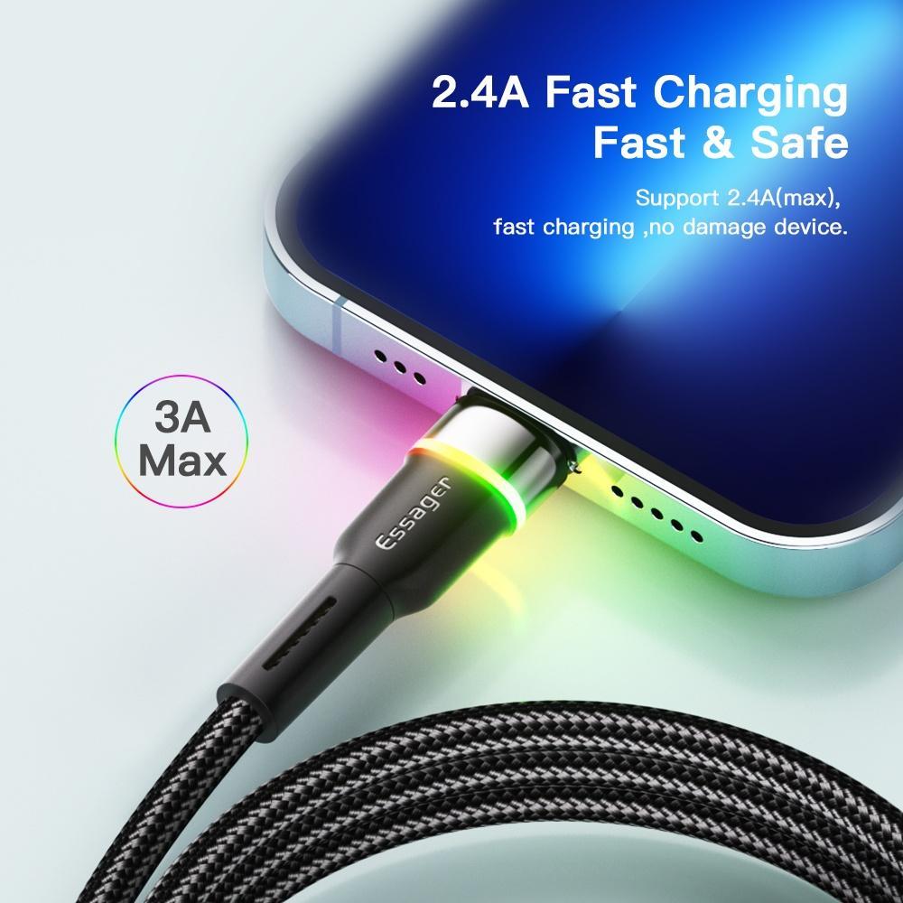 Dây cáp sạc Essager USB 2.4A có đèn LED màu thích hợp cho Iphone 6 7 8 plus