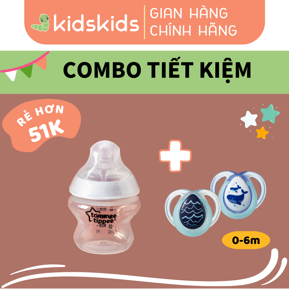 COMBO Ty ngậm dạ quang cho bé Tommee Tippee Night Time 0-6 tháng &amp; Bình sữa ty siêu mềm tự nhiên Natural Start 150ml