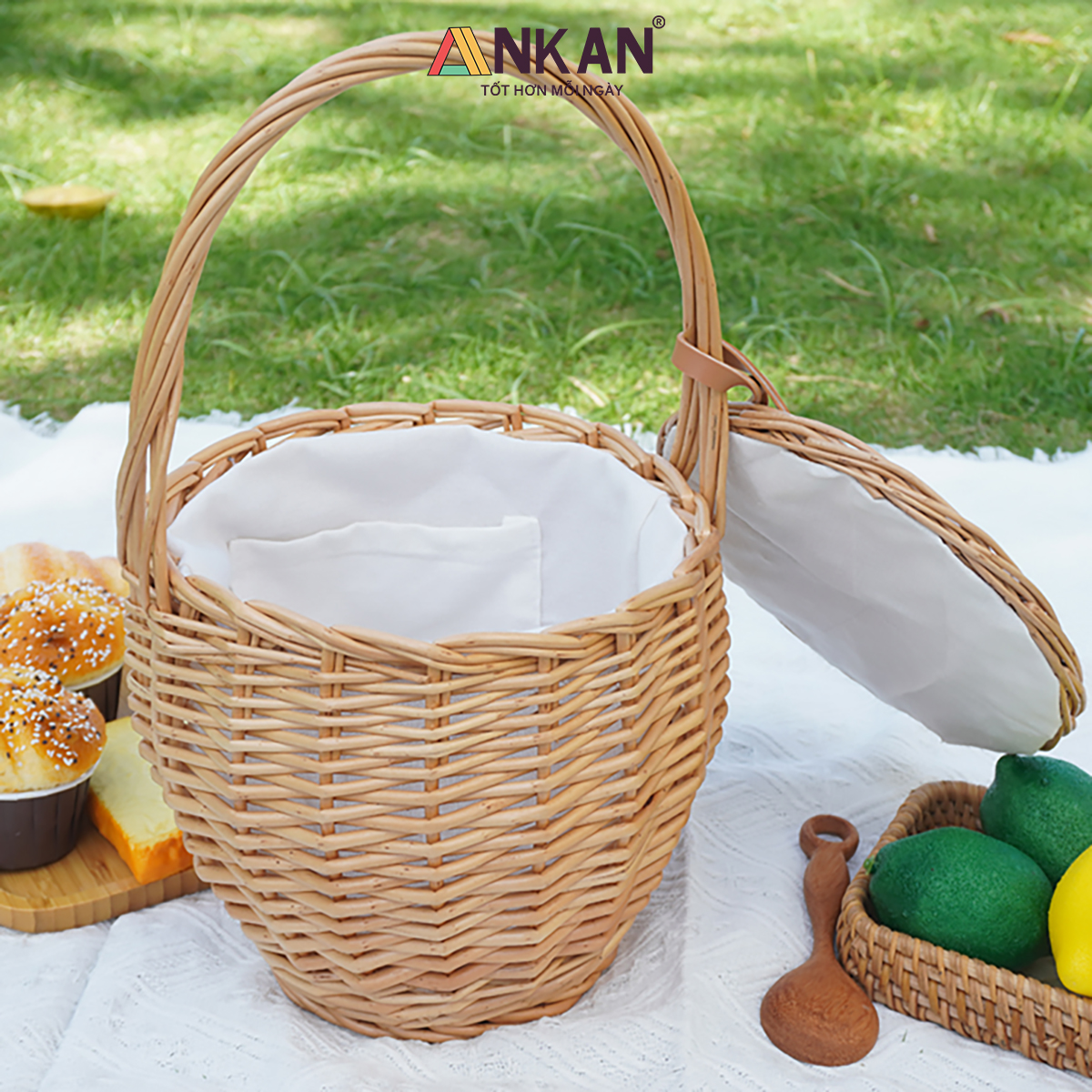 Giỏ Mây Picnic Có Nắp Quai Xách Vintage - Giỏ Mây Tre Đan Thủ Công Cao Cấp Đựng Đồ Ăn, Decor Chụp Ảnh Dã Ngoại