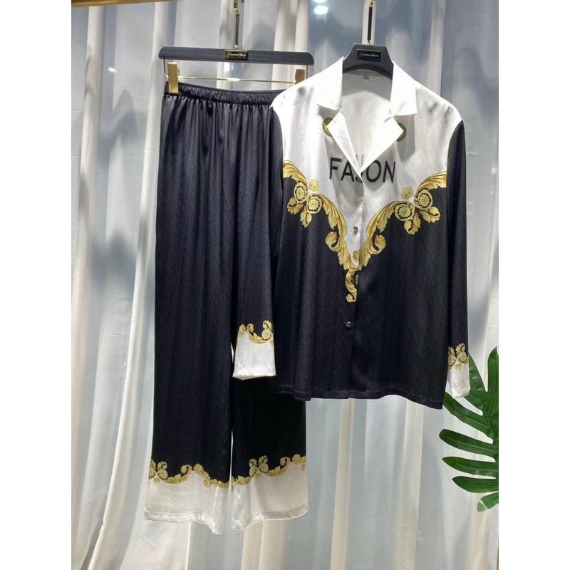 BỘ PYJAMA LỤA XƯỚC TÔ CHÂU CAO CẤP CHAMR ĐEN