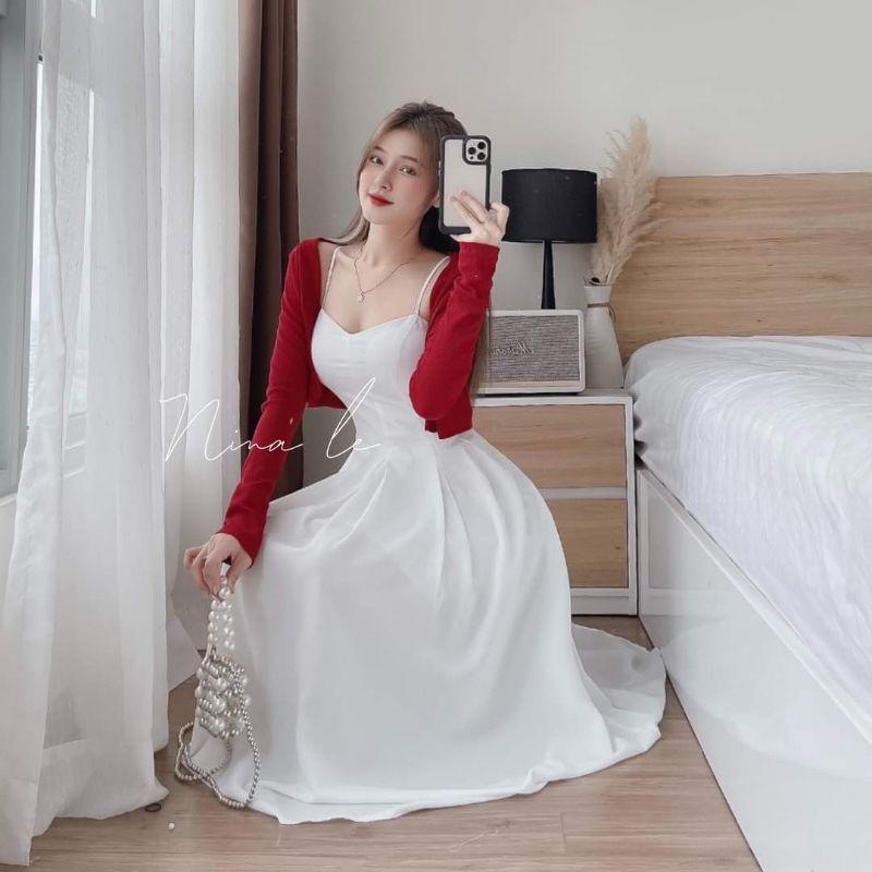 SET ĐẦM XẾP LY 2S VỚI ÁO KHOÁC ĐỎ CROPTOP