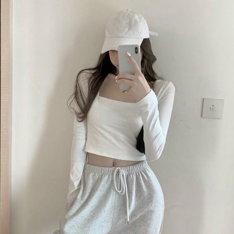 Áo croptop cổ vuông tay dài chất thun borip cao cấp -N