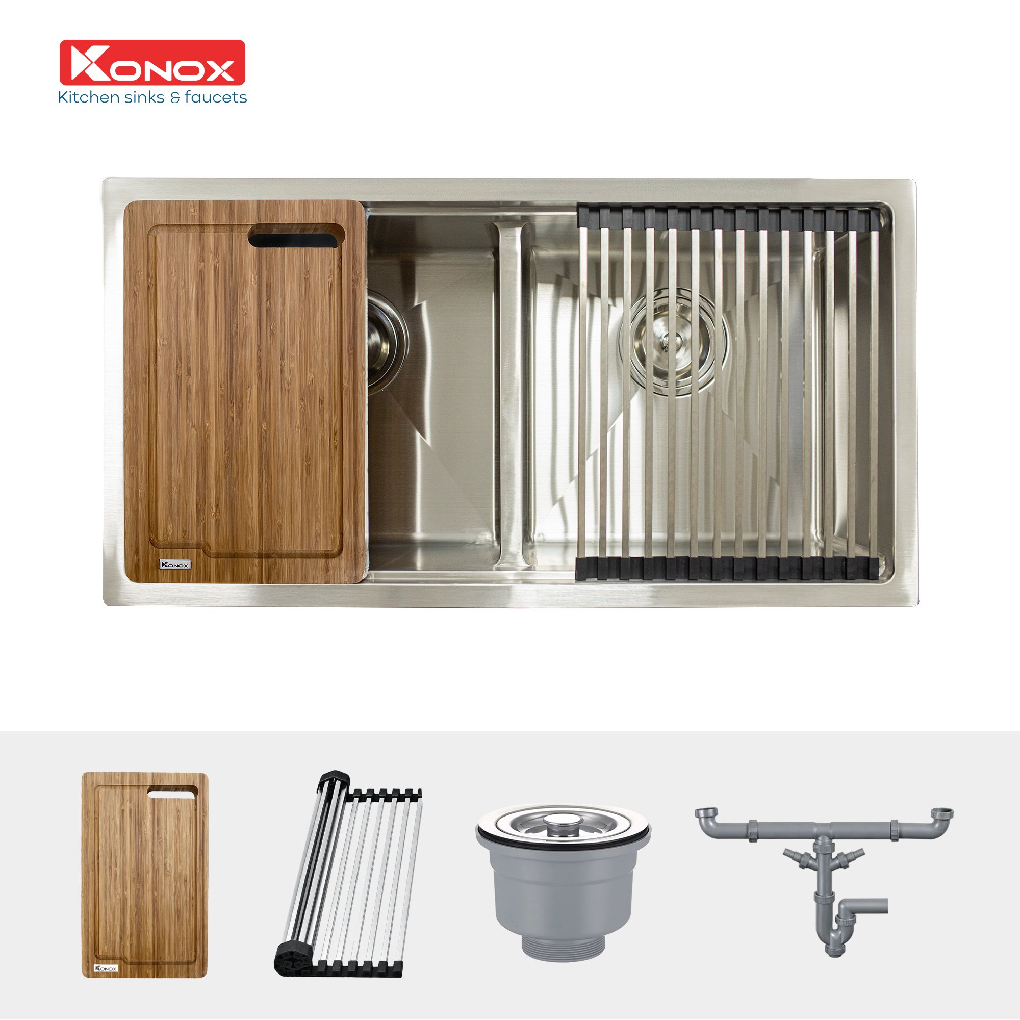 Chậu rửa bát Konox, Undermount Series, Model KN8745DUB, Inox 304AISI tiêu chuẩn châu Âu, Hạ bậc tích hợp, 870x455x220(mm), Hàng chính hãng