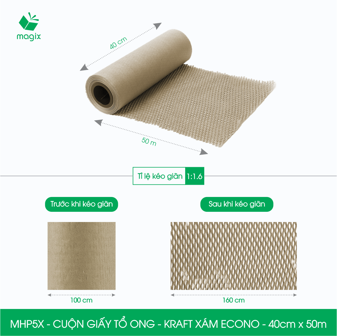 MHP5X - 40cm x 50m - Cuộn giấy tổ ong chống sốc - Kraft xám Siêu Tiết Kiệm ECONO