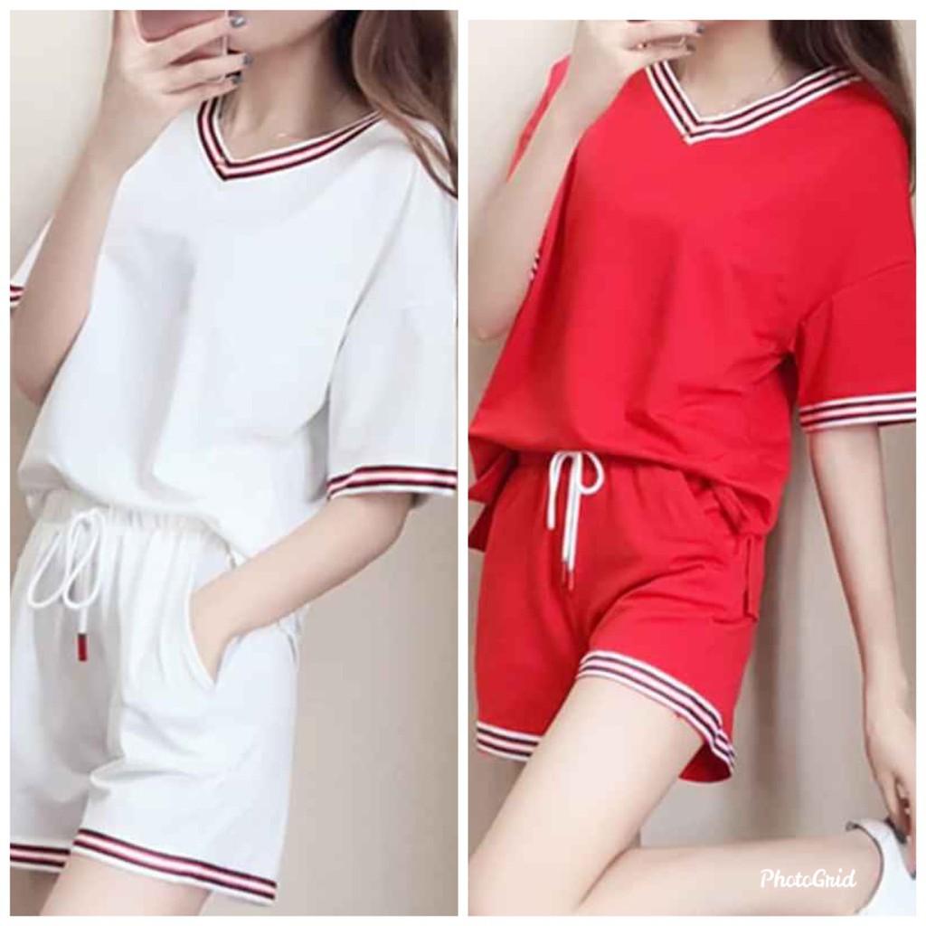 Set đồ bộ đùi cổ tim phối sọc, chất liệu thun cotton loại 1, thấm hút mồ hôi, thoáng mát size 40-65kg