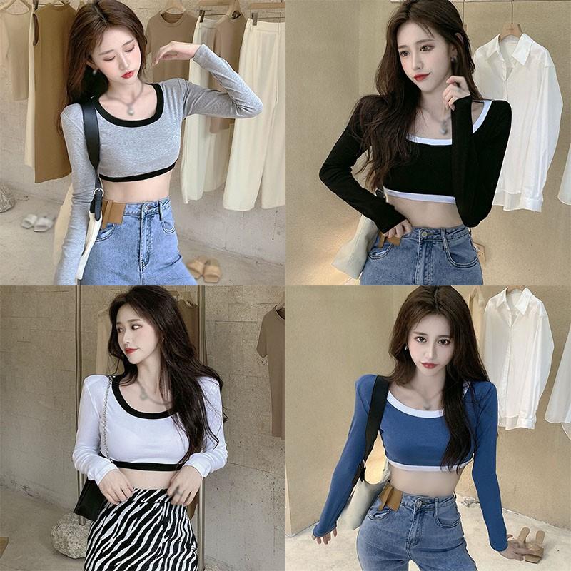 Áo Dệt Kim Tay Dài Cổ Chữ U Phối Màu Tương Phản Quyến Rũ Cho Nữ