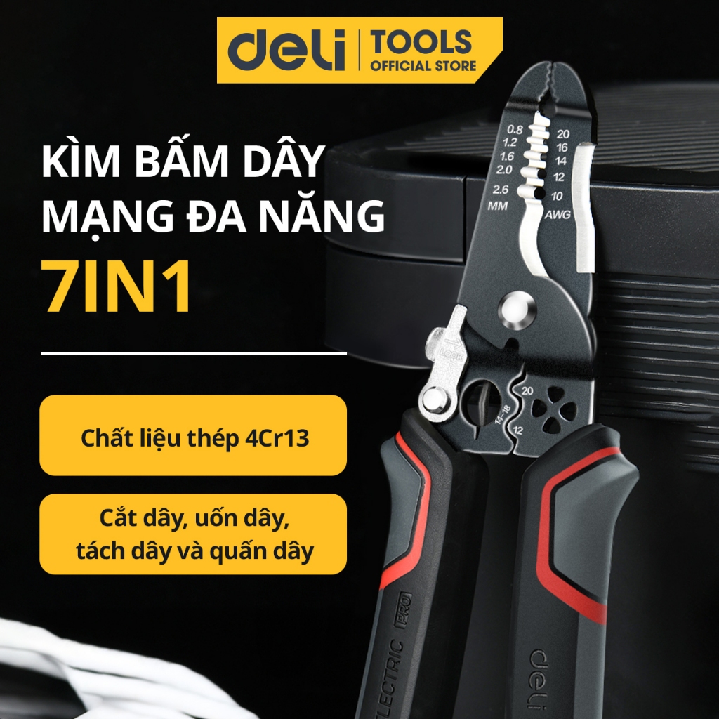 Kìm Bấm Dây Điện Đa Năng Deli - Kết hợp uốn, cắt, bấm, tách dây - Chất liệuThép Cao Cấp, Điều Chỉnh Lực Tuốt Dây Dễ Dàng