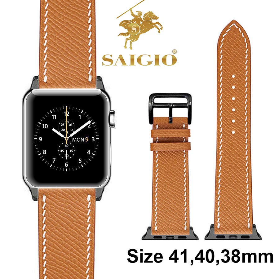 Dây Đồng Hồ Apple Watch 41mm 40mm 38mm, Chất Liệu Da Bê EPSOM Thảo Mộc Cao Cấp, Nhập Khẩu Từ Châu Âu, Dây Đeo Phong Cách Hiện Đại và Sang Trọng, Tương Thích Các Phiên Bản Series 8/7/6/5/4/3/2/1/SE/SE2 - Vàng Bò/Chỉ Trắng - ADAPTER ĐEN