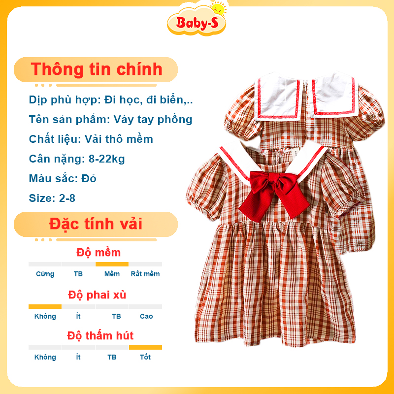 Váy cho bé gái 8-22kg họa tiết sọc đỏ Baby-S, Đầm bé gái tay phồng phong cách Hàn Quốc xinh xắn – SD093