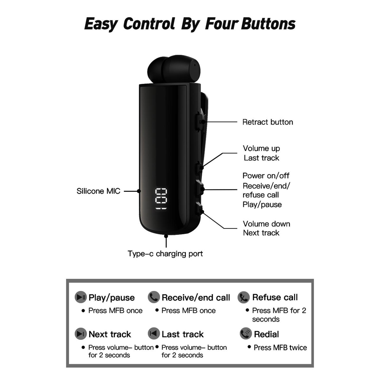 Retractable Clip Headphones Single Earbud for Business Men Office Smartphone