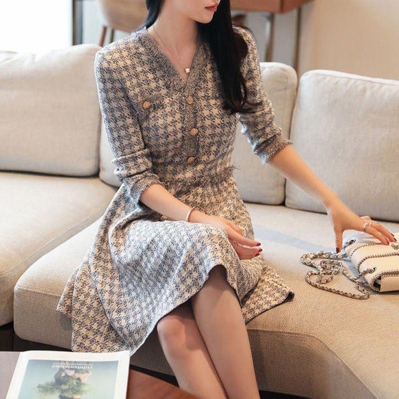 Đầm Dài Tay Cổ Chữ V Họa Tiết Houndstooth Thời Trang Mùa Thu 2022 Sang Trọng Cho Nữ