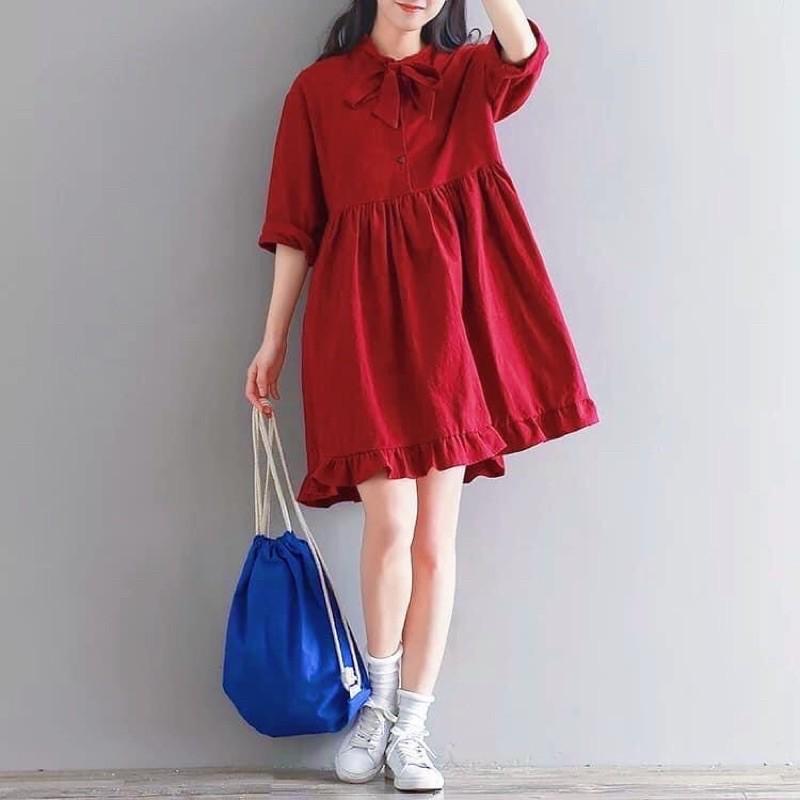 Đầm váy babydoll ĐỎ NƠ CỔ