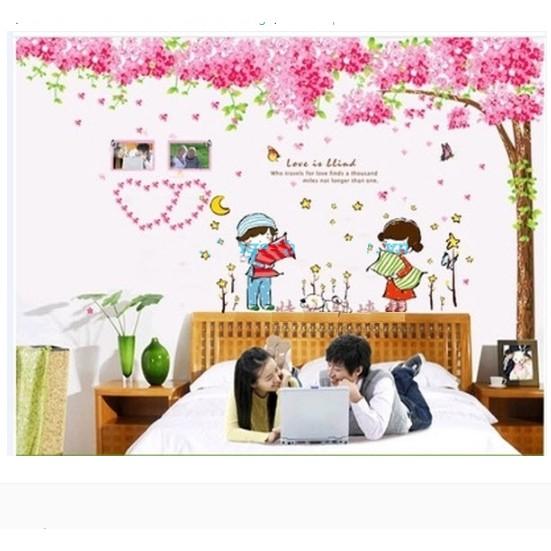 BỘ COMBO DECAL GHÉP ĐÔI TRANG TRÍ - Cây Hồng lớn kết hợp Bé Gái Trai vui nhộn