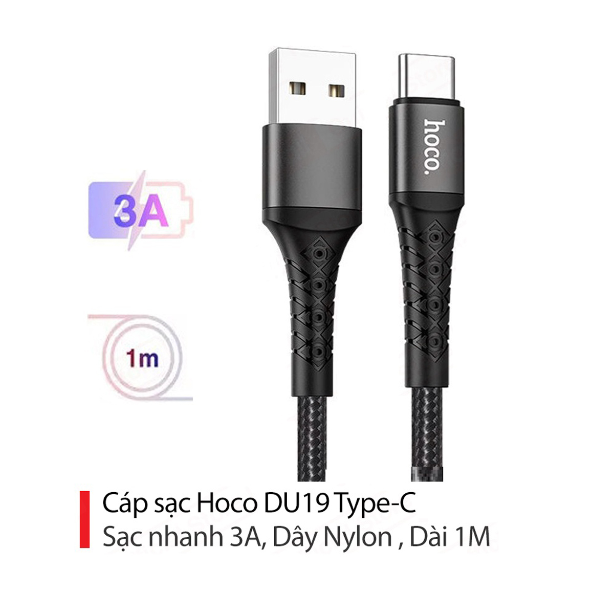 Cáp sạc 3A Hoco DU19 Type-C dây dù chống gãy gập truyền dữ liệu nhanh chóng dài 1M cho Android  - Hàng chính hãng