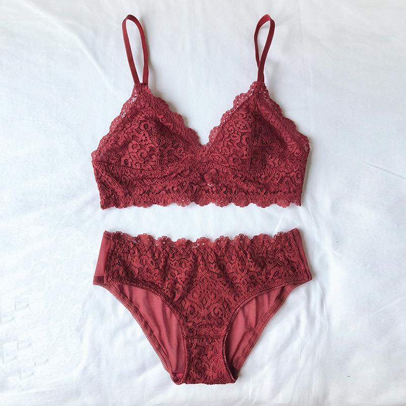 Gợi Cảm Pháp Ren Tam Giác Áo Cúp Ngực Và Quần Lót Bộ Mỏng Lót Không Dây Bralette Bộ Quần Lót U Hở Lưng Nữ Quần Lót Ren 2021 mới