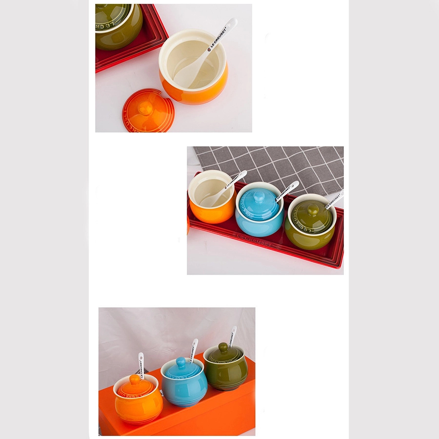 Bộ Hũ Gia Vị Le Creuset Hình Tròn Kèm Khay Và Thìa, Gốm Sứ Pháp