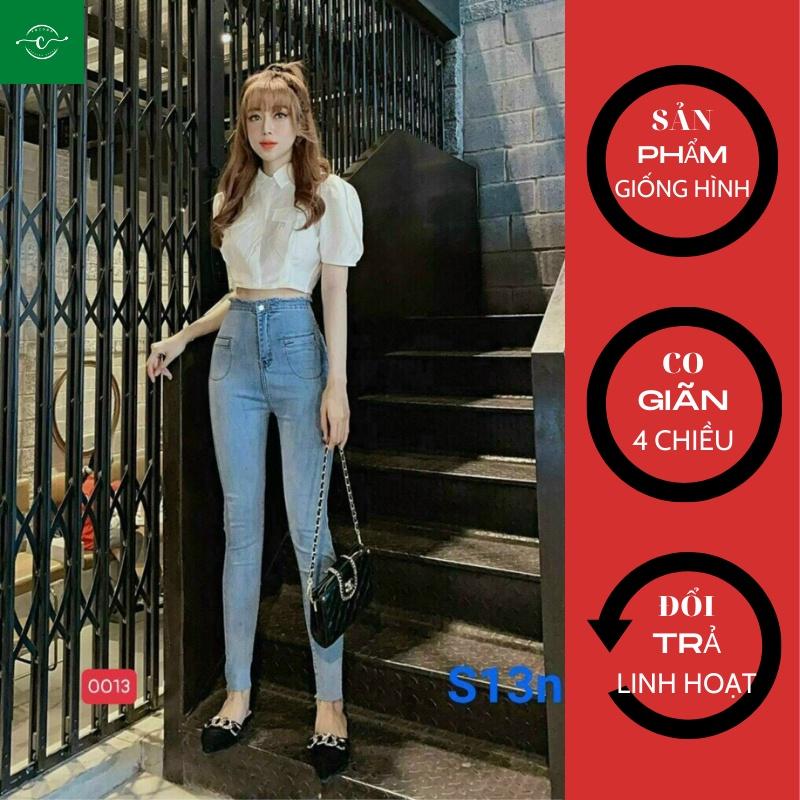 Quần Jean Co Giãn Lưng Cao, Quần Dài Nữ Dáng Ôm Trơn Cuốn Lai Quần Bò Nữ VoZoDo 0013