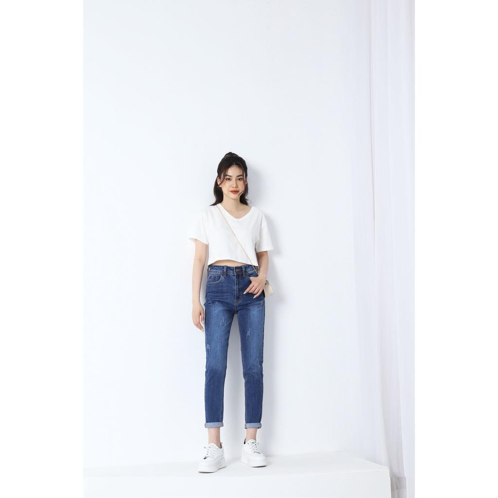 Quần jean nữ boyfriend baggy xước 9 tấc co giãn CT JEANS