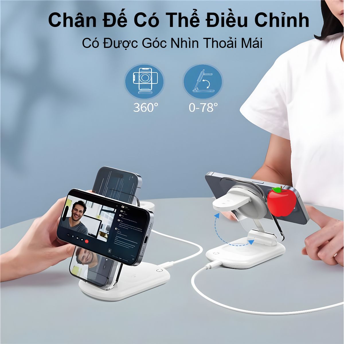 Đế sạc không dây Magnetic 3 in 1 xếp gọn 15W Choetech T618 trong suốt có đèn - Hàng chính hãng