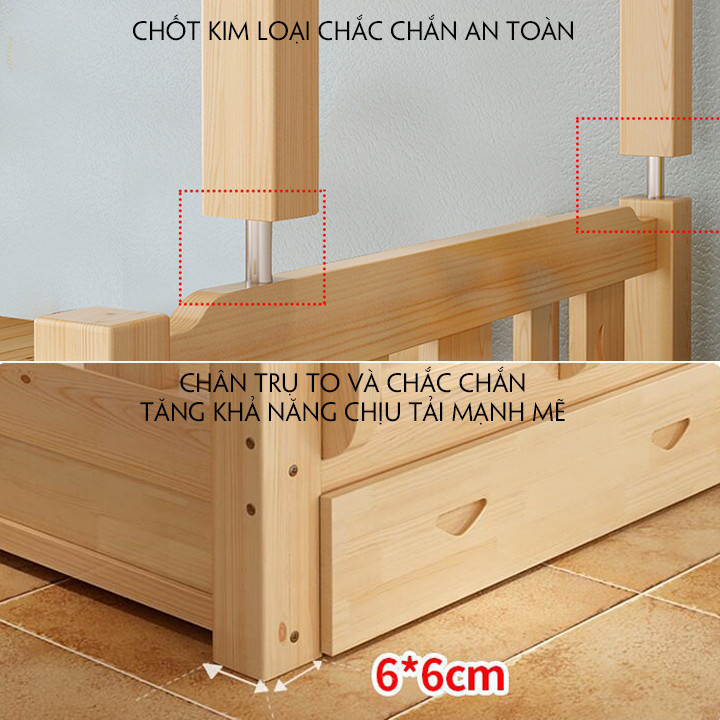 Giường ngủ tầng gỗ tự nhiên 100x200cm - Giường gỗ 2 tầng gỗ thông có thể tháo rời tầng