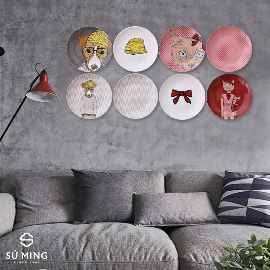 Bộ 4 Đĩa Sứ Decor Treo Tường Mèo Hồng, Trang Trí Nhà Cửa, Bàn Ăn