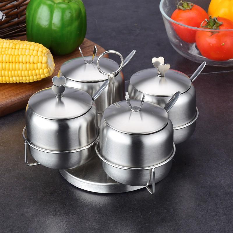 Hũ Gia Vị Inox 4 Ngăn Đế Tròn Xoay