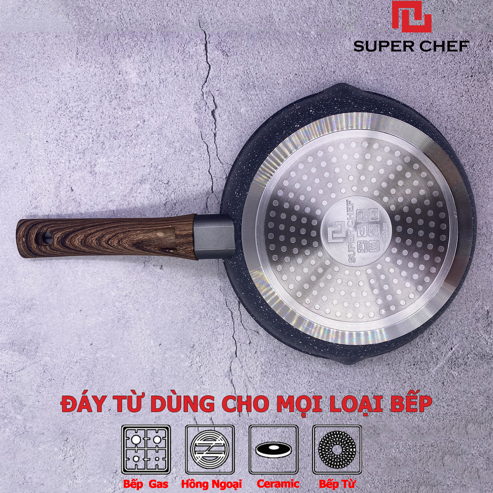 Chảo Vân Đá Đáy Từ Super Chef Dày 4mm Siêu Bền Bỉ, Không Bong Tróc, Chống Dính Tốt Hạn Chế Dầu Mỡ Tốt Cho Sức Khỏe ( 20-28cm)