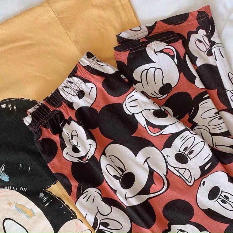 Set bộ đồ dành cho nữ, in hình chuột mickey dễ thương, áo cộc tay quần dài chất thun cotton mềm mại mát mẻ