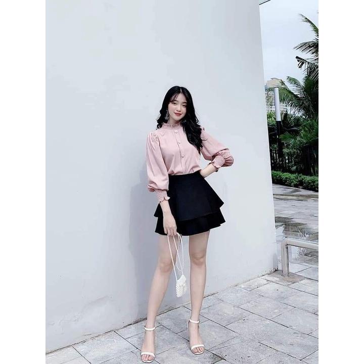 Áo sơ mi nữ công sở thời trang SURI vải lụa thời trang cao cấp,cổ tròn nhún tay phồng rất thanh lịch.