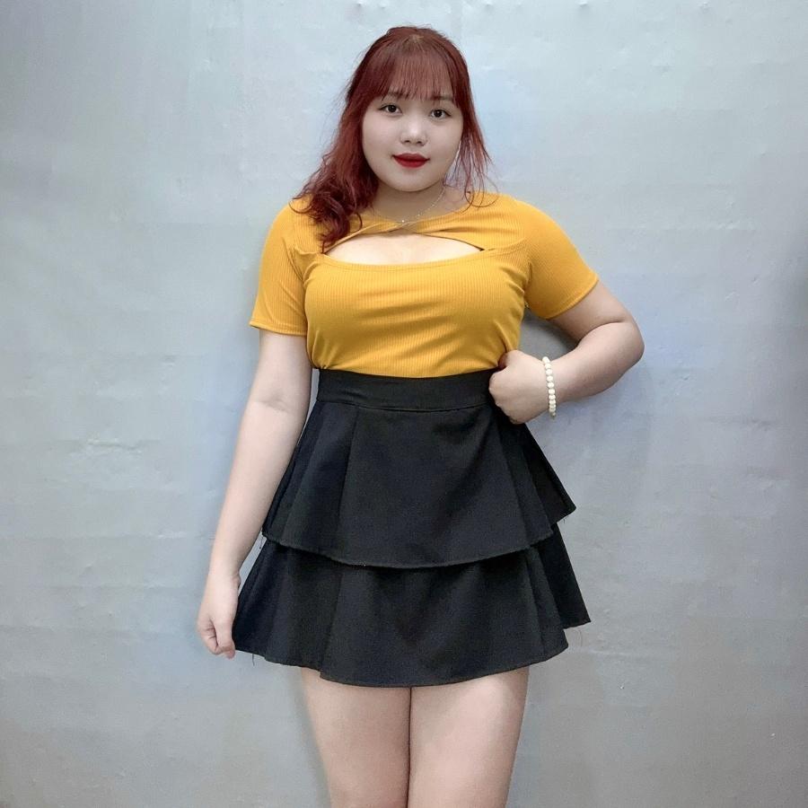 Áo thun tay ngắn xẻ ngực bigsize xoắn cổ tròn BIGSIZE CÔ NHỎ dáng croptop, Áo phông phom rộng 60-95kg G119