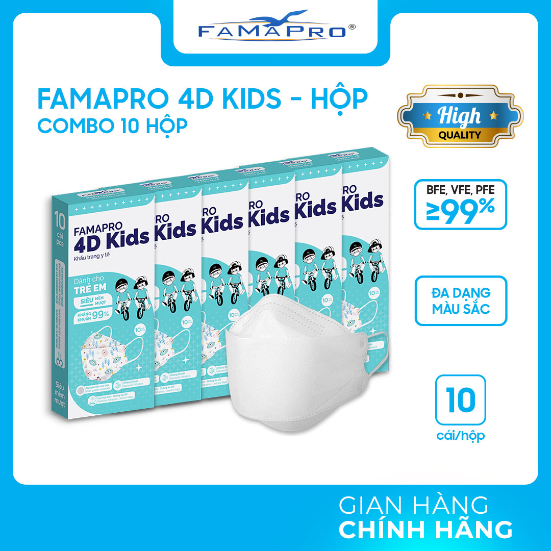 HỘP – FAMAPRO 4D KIDS – Khẩu trang trẻ em kháng khuẩn cao cấp Famapro 4D KIDS tiêu chuẩn KF94 10 cái hộp – TRẮNG – COMBO 10 HỘP