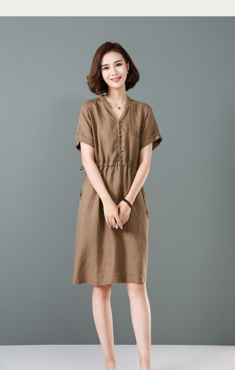 Váy sơ mi cổ V cộc tay dáng dài, Váy linen cao cấp che khuyết điểm tôn dáng Haint Boutique Da172