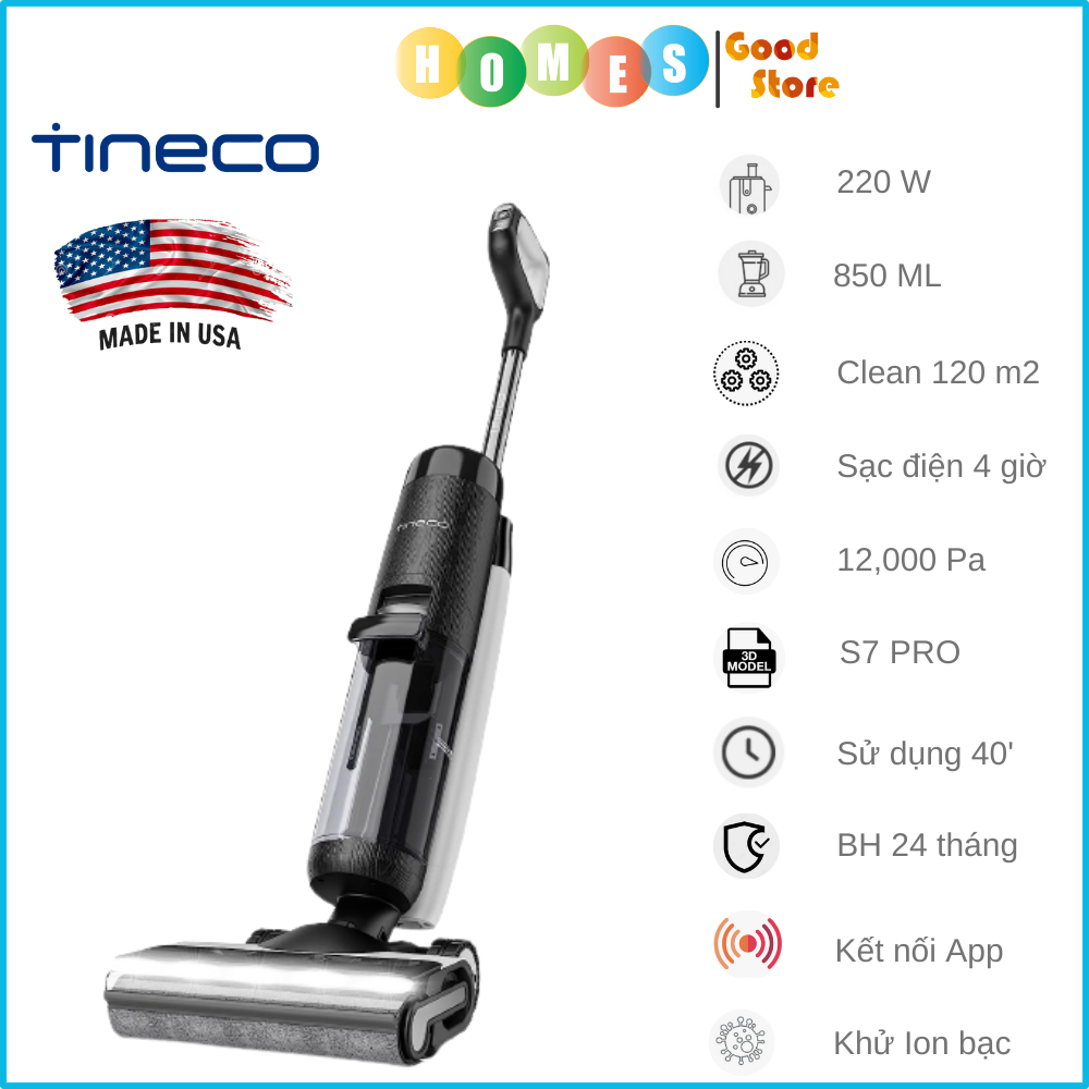 Máy Hút Bụi Lau Sàn Khô Uớt TINECO Floor One S7 PRO Bản Quôc Tế Tự Giặt Giẻ, Diệt Khuẩn, Sấy Khô Tự Động Thương Hiệu Mỹ Lực Hút 15,000 Pa, Công Suất 220 W - Hàng Nhập Khẩu