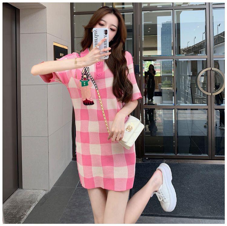 SHUANGYAN polo cổ màu hồng kẻ sọc dệt kim đầm mùa hè 2023 nhỏ lỏng lẻo thời trang ngọt ngào giảm tuổi váy