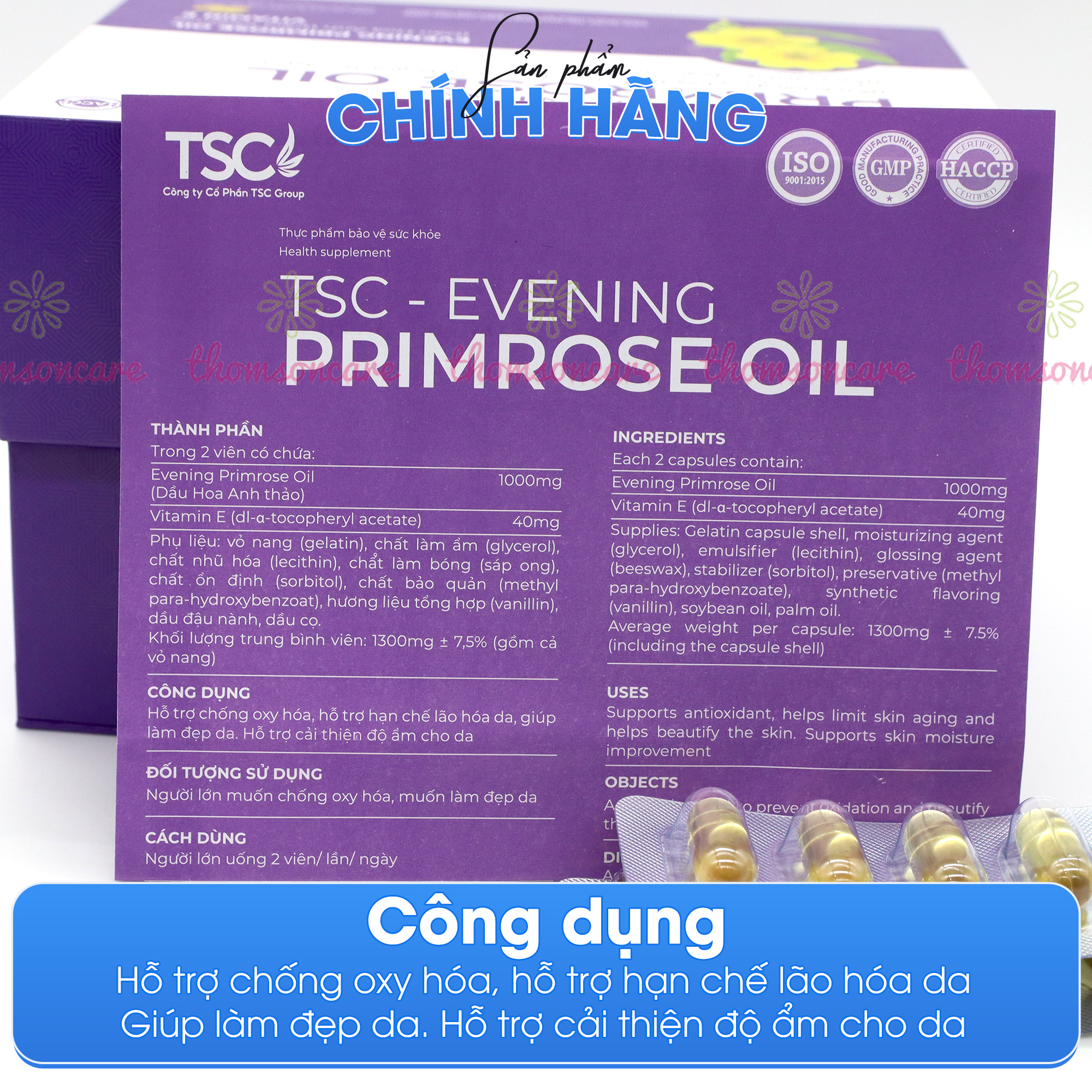 Viên uống tinh dầu Hoa Anh Thảo TSC Group- Giúp chống oxy hóa, hạn chế lão hóa da, giúp làm đẹp da, hỗ trợ cải thiện cấp ẩm cho da từ tinh dầu hoa anh thảo