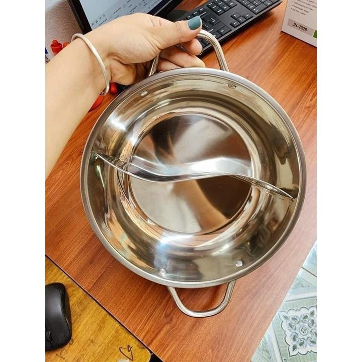 Nồi lẩu 2 ngăn Inox 304 Size to kèm vung kính - Nồi lẩu gia đình đa năng dùng cho mọi loại bếp