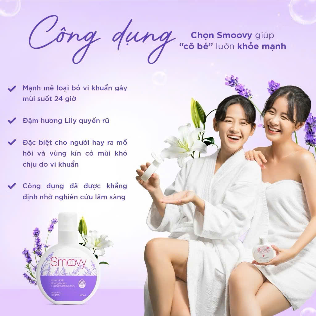 Dung dịch vệ sinh phụ nữ thế hệ mới Smoovy 24H - Khử mùi kháng khuẩn, hương thơm quyến rũ suốt 24H - 120ML