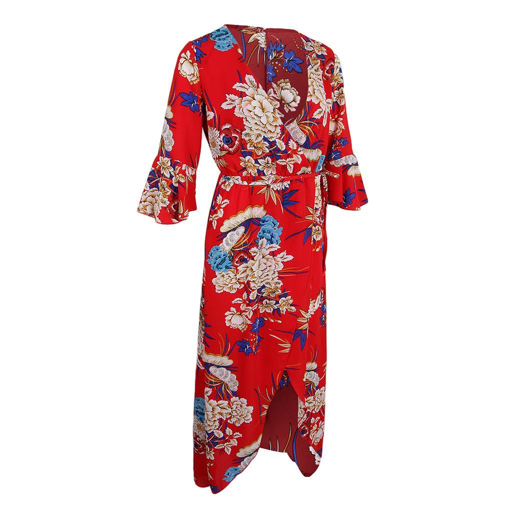 Women's V Neck Floral High Split Loose Dress Stretch Casual Long Maxi Dress
