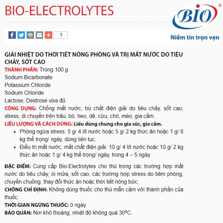 Bio Electrolyte - Chất điện giải chống mất nước cho gia súc gia cầm, gói 100gr