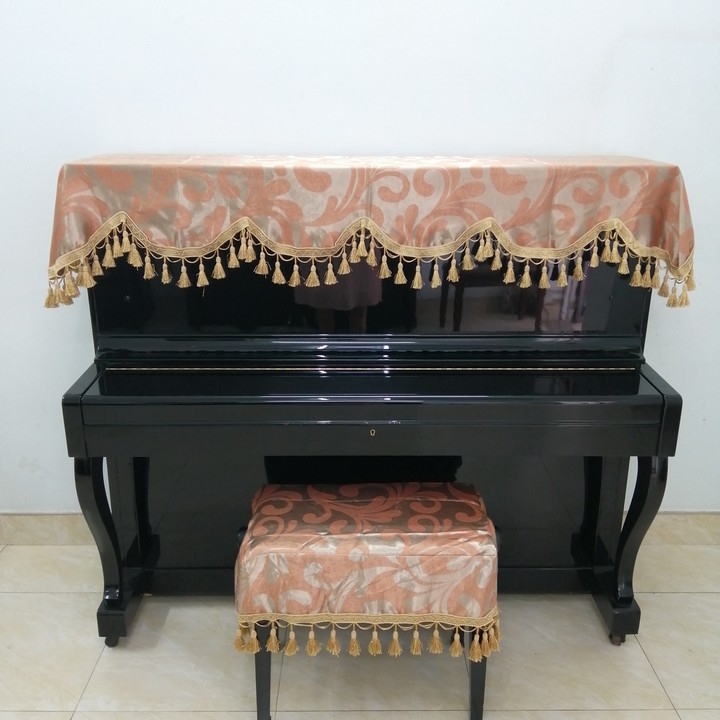 KHĂN PHỦ ĐÀN PIANO CÓ PHỦ GHẾ MÀU CAM ĐẤT TUA RUA SANG TRỌNG