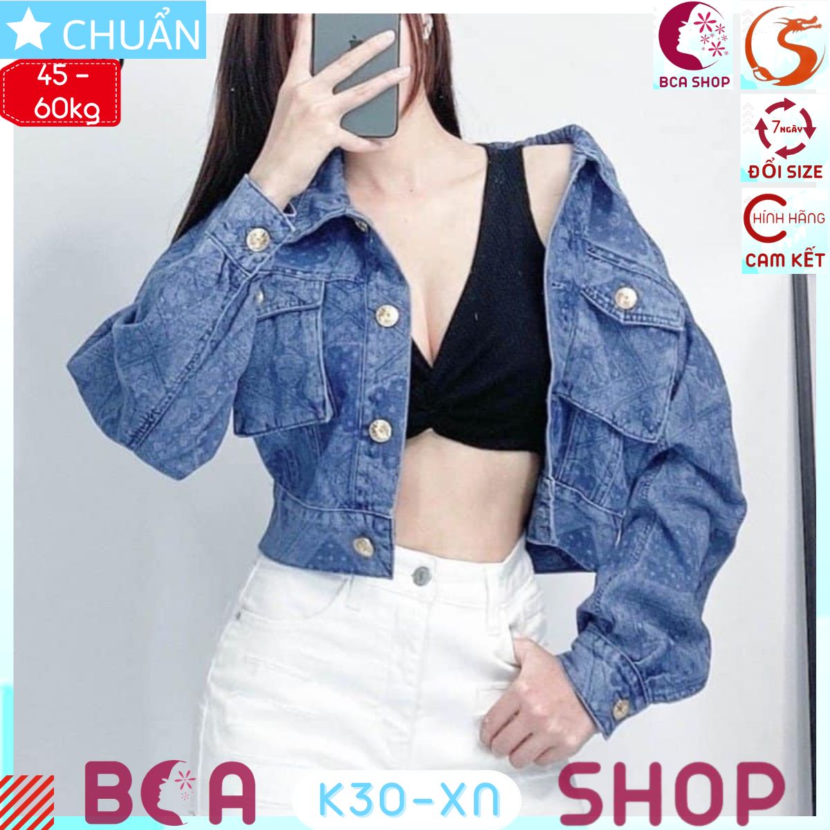 Áo khoác jeans nữ lửng cao cấp K30 ROSATA tại BCASHOP kiểu dáng croptop, màu xanh nhạt, họa tiết đẹp mắt và thời trang