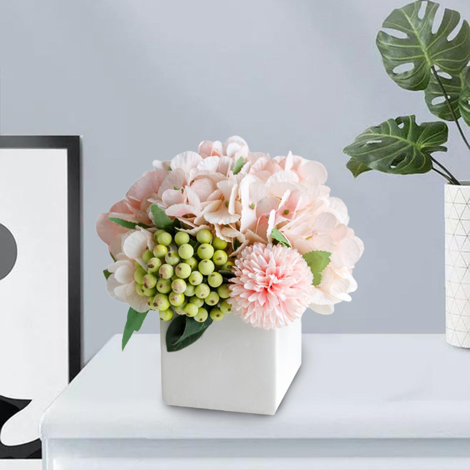 2x Artificial Silk Flowers Fake Hydrangea Garden Wedding Decor with Vase